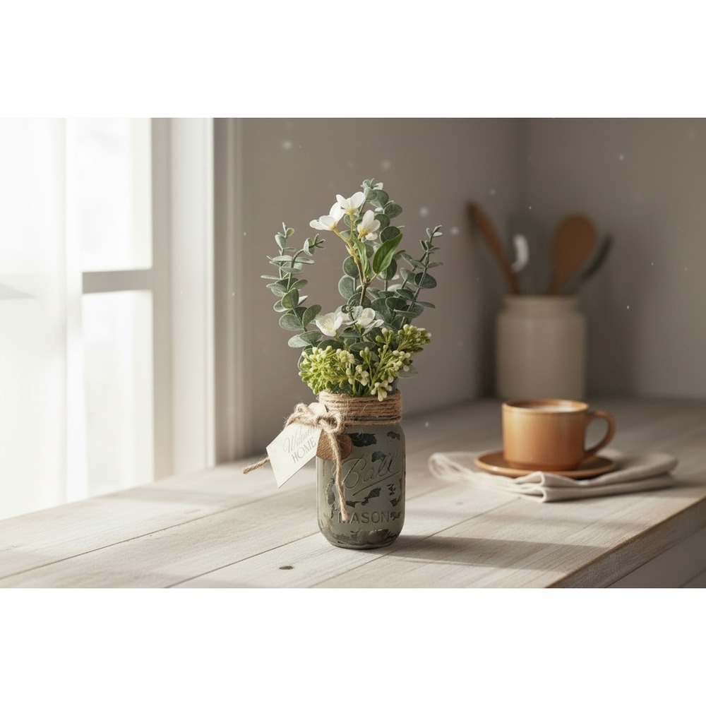 Rustic Ball Mason Jar Artificial Floral Arrangement Welcome Home Decor Green